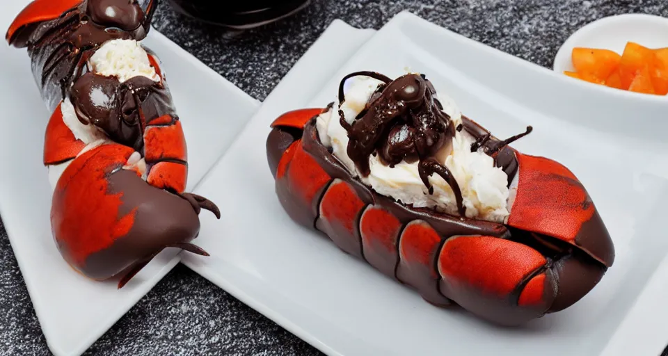 Prompt: chocolate lava stuffed lobster roll promotional image