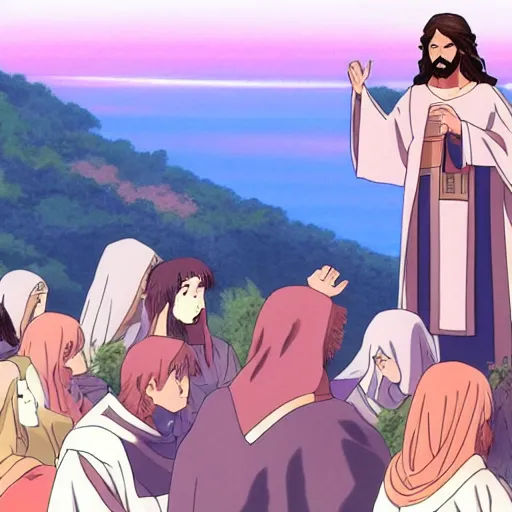 Prompt: Jesus giving the Sermon on the Mount, anime style.