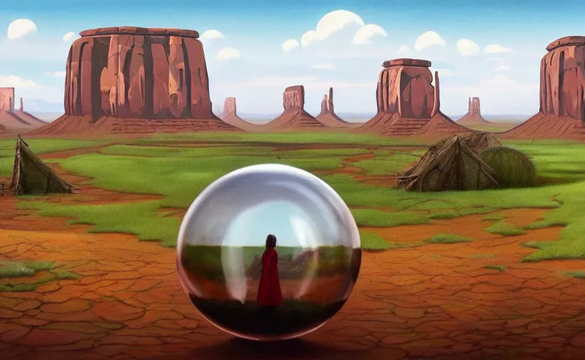 Prompt: a scary hyperrealist painting of a tribal village in a giant transparent forcefield crystal ball from howl's moving castle ( 2 0 0 4 ) in a flooded monument valley stonehenge jungle. depth perception, 4 k, artstation, in the style of studio ghibli