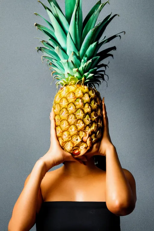 Image similar to doja cat as a dole pineapple, human face in the shape of a pineapple, professional food photography, dole pineapple