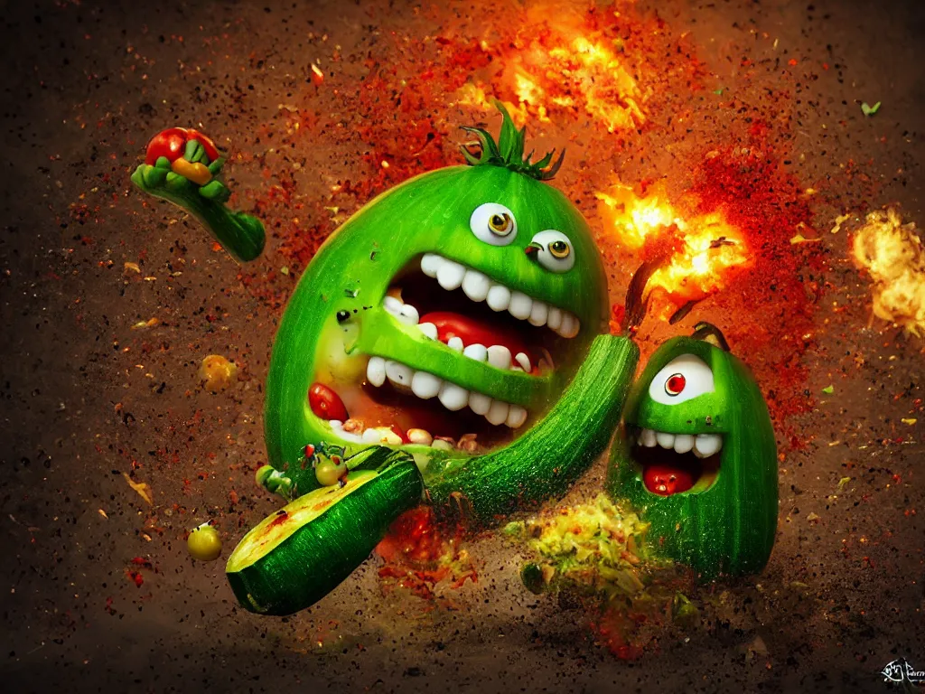 Prompt: highly detailed 3 d render of a raging mad angry zucchini character, burning scissors flying, dirt road, scared tomates scattered everywhere, high speed action, explosions, dramatic scene, hyper realistic octane render, cinematic lighting, tomato splatter, deviantart, black sky, lowbrow, surrealism, pixar influenced, mayhem