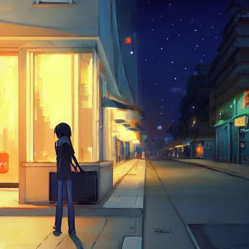 Image similar to a girl smoking, skinny, beautiful face, street at night, long hairfine art painting by makoto shinkai, featured on pixiv, hd