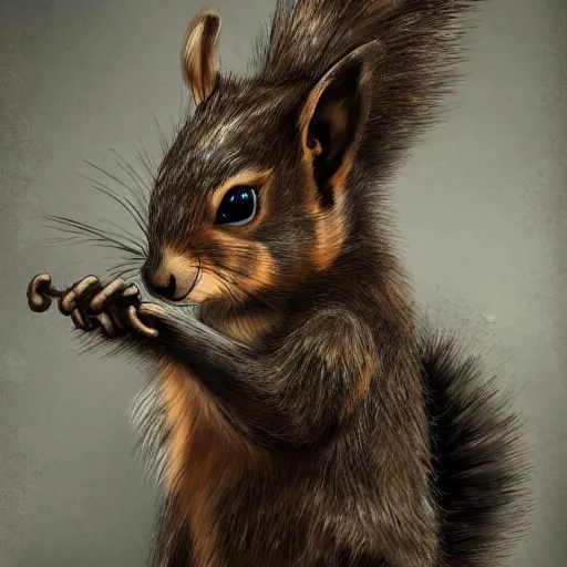 Image similar to steampunk squirrel looking evil into the camera, artistic background, trending on artstation, highly detailed