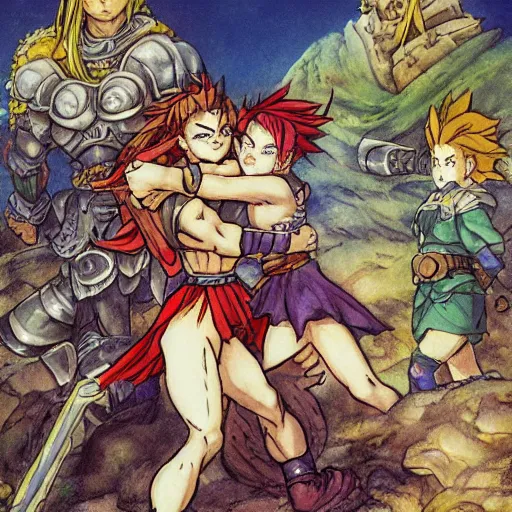 Prompt: crono stands atop a mountain of slain enemies as marle and ayla hug his legs, epic reimagining of chrono trigger by frank frazetta
