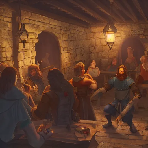 Image similar to A tavern filled with adventurers, medieval fantasy, warm lighting, wide shot, photorealistic