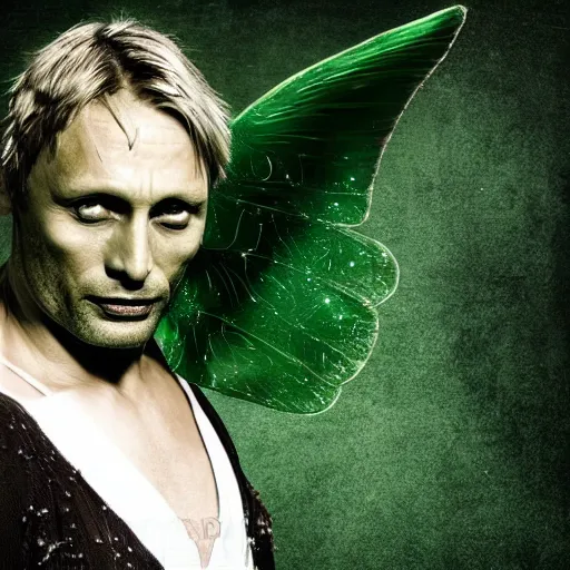 Image similar to mads mikkelsen dressed as tinkerbell from disney's peter pan, green fairy dress, grim facial expression, high medieval fantasy, full color digital art, cinematic shot, portrait, wide shot.