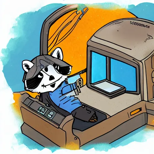 Image similar to a raccoon janitor messing with the controls on a spaceship, fantasy illustration