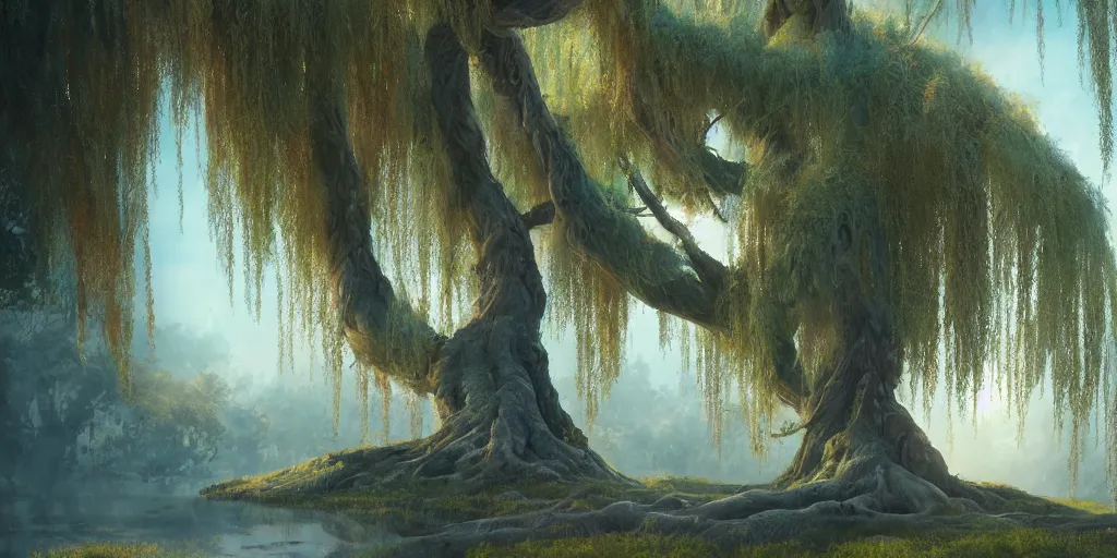 Image similar to willow tree, matte oil painting, highly detailed, hyperrealistic, cinematic, breathtaking, beautiful composition, Studio Ghibli, James Jean, volumetric lighting, octane render, 4K resolution, trending on artstation