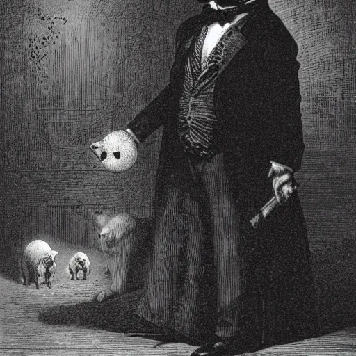 Image similar to a pig in a tuxedo, creepy atmosphere, dark, portrait, realistic, very realistic, illustration by Gustave Doré