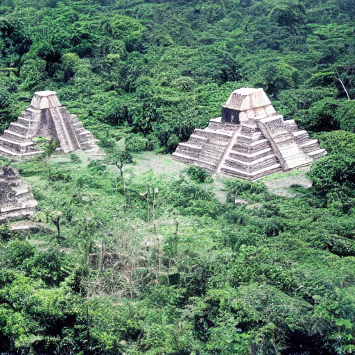 Image similar to mayan pyramids in a jungle next to a camp with tents and a river, photorealistic, highly detailed, photo, cinestill