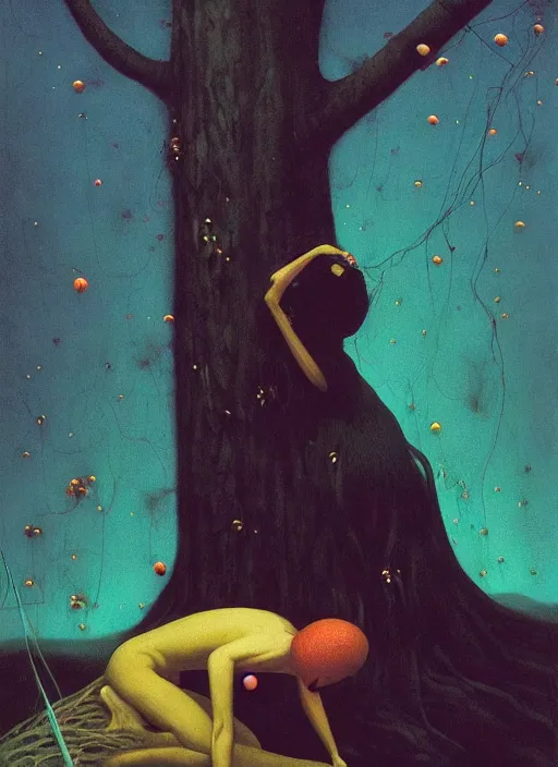 Image similar to She Eats of the Strangling Fruit and Her spiderlike gossamer glistening polyp blossoms bring iridescent fungal flowers whose spores black the foolish glaring stars Edward Hopper and James Gilleard, Zdzislaw Beksinski, Mark Ryden, Wolfgang Lettl highly detailed