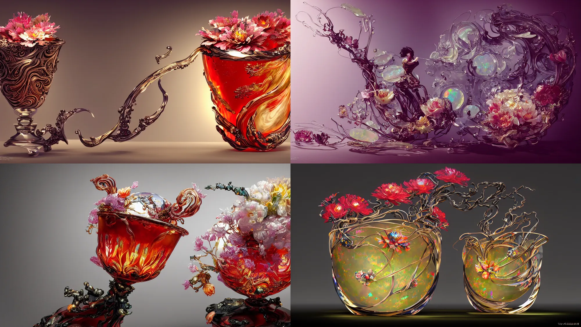 Prompt: ornate beautiful cocktail carved from opal inside transluscent glass by tsutomu nihei, zdzislaw belsinki, Craig Mullins, yoji shinkawa, twisted salad, flowers of hope by Jean-Honoré Fragonard, featured in artstation, octane render, cinematic, elegant, intricate, 8k