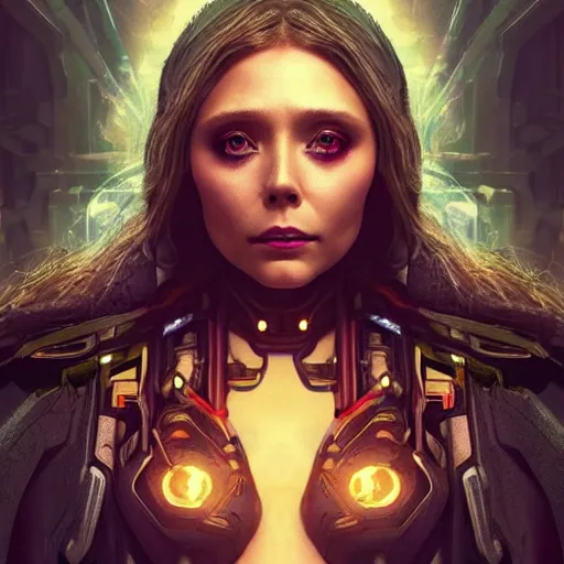 Prompt: elizabeth olsen as the goddess of cyberpunk and cyborgs!!!!!!, golden ratio!!!!!, centered, trending on artstation, 8 k quality, cgsociety contest winner, artstation hd, artstation hq, luminous lighting