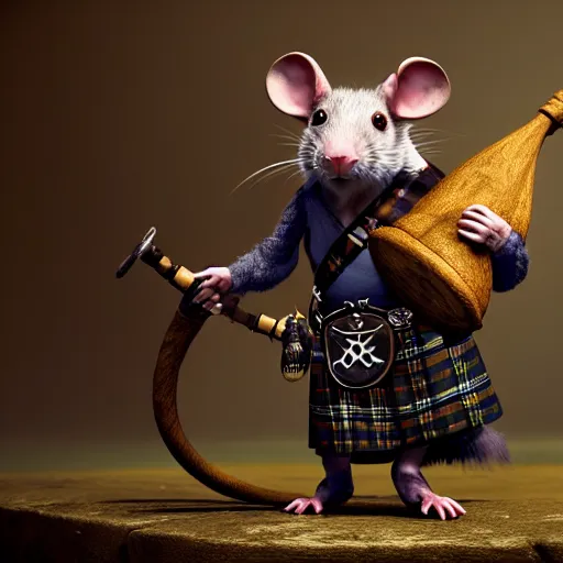 Image similar to a rat creature in a scottish kilt, holds a bagpipe, by greg rutkowski, design for magic the gathering, highly detailed, octane render, 4 k