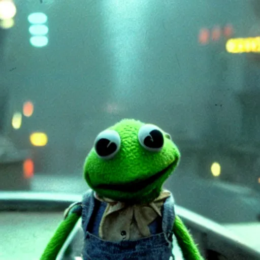 Image similar to still of kermit the frog in blade runner