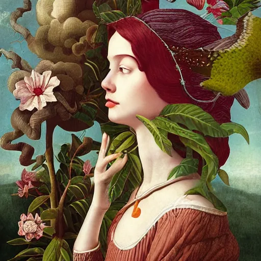 Image similar to a detailed portrait of young woman in renaissance dress and a surreal renaissance headdress, very surreal garden, cyberpunk, surreal tea party, birds, nature, strange creatures, by christian schloe and botticelli, naotto hattori, amy sol, roger dean, moody colors