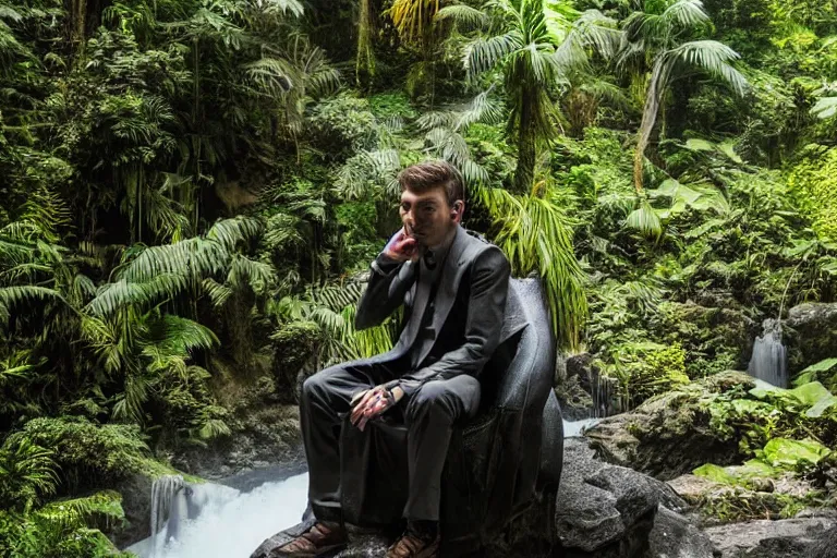 Image similar to movie closeup young man with a grey beard in a cyberpunk suit sitting on a futuristic chair at the edge of a jungle waterfall 8 5 mm by emmanuel lubezki