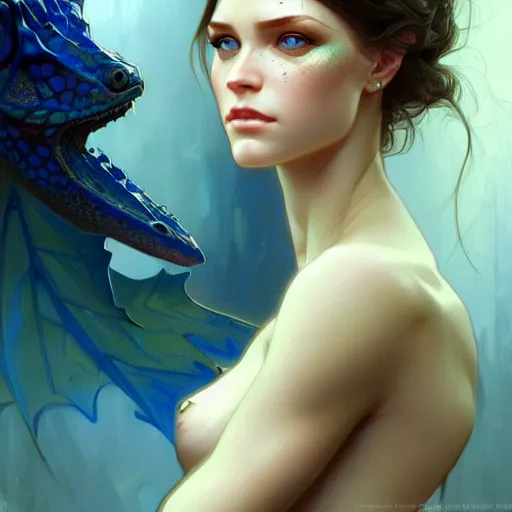 Image similar to Portrait of lizard girl, D&D, blue eyes, face, fantasy, intricate, elegant, highly detailed, digital painting, artstation, concept art, smooth, sharp focus, illustration, art by artgerm and greg rutkowski and alphonse mucha