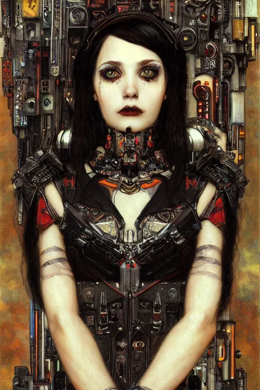 Image similar to portrait of beautiful young cute gothic maiden, cyberpunk, Warhammer, highly detailed, artstation, illustration, art by Gustav Klimt