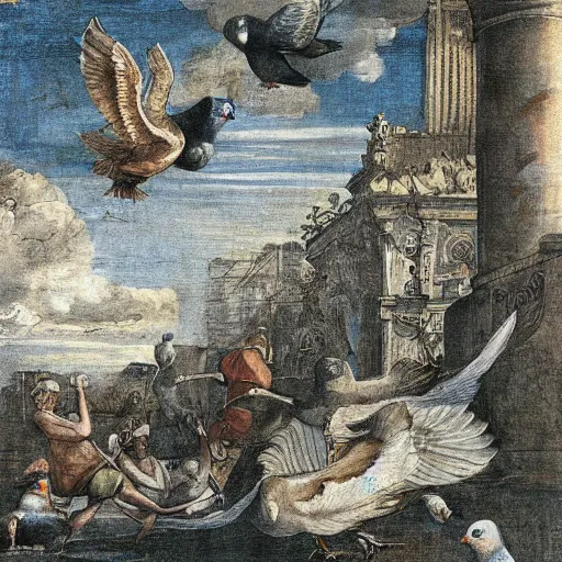 Image similar to pigeon, city, ancient land, illustration, scroll painting, mural, angelic, by annibale carracci