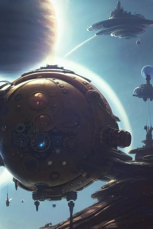 Image similar to steampunk spaceship infront of a planet, exquisite details, denoised, mid view, by karl kopinski, artsation, greg rutkowski, makoto shinkai, takashi takeuchi, studio ghibli