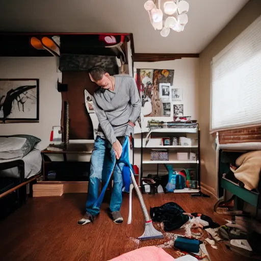 Image similar to jordan peterson cleaning his room, 85mm f/1.3