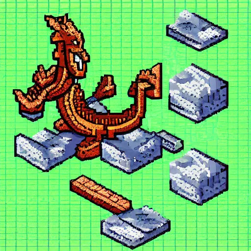 Prompt: isometric pixel art of a dragon sprite, game concept art, illustration