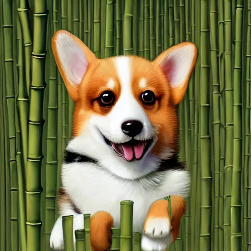 Prompt: adorable corgi puppy in a bamboo forest, hyperrealistic, extremely lifelike, highly detailed digital painting by greg rutkowski, artgerm, moebius, ruan jia, makoto shinkai, simon stalenhag, trending on artstation, masterpiece, award - winning, 8 k