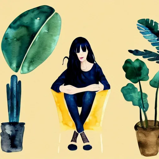 Image similar to a room full of beautiful house plants and a pretty woman with pale skin, long black hair with bangs, wearing shorts and t shirt, abstract, golden light, beautiful watercolor art trending on artstation