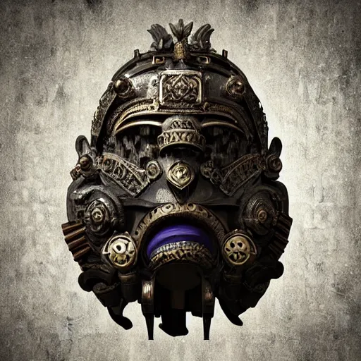 Image similar to an ominous dark ancient mask. hyper - detailed. steampunk baroque. symmetric. epic. unreal render.