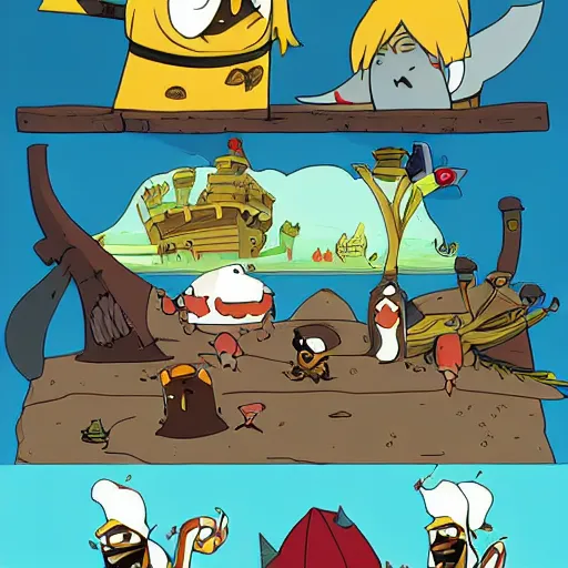 Prompt: The Pirate king dines on dragon hearts, his court of penguins cheer him on. in the style of Adventure Time by Pendleton Ward. The feeling is Raucous and Joyful.