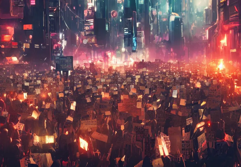 Image similar to angry protesters holding placards, digital illustration by greg rutkowski, android netrunner, cyberpunk city background, colored lighting