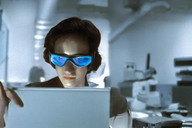 Image similar to alien using a computer to check her email submerged in translucent goo, over the shoulder perspective, in 1 9 8 5, y 2 k cybercore, industrial photography, still from a kiyoshi kurosawa movie