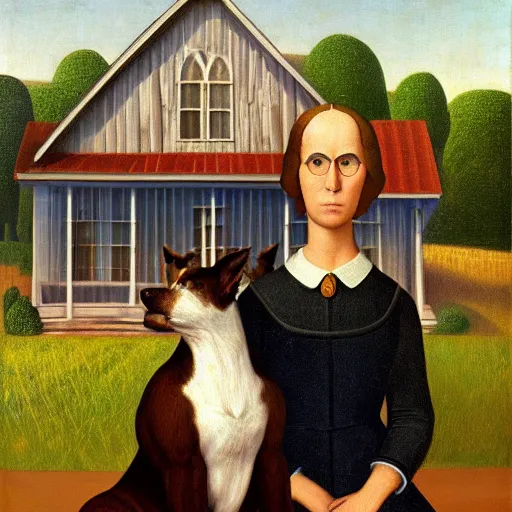 Image similar to two dogs portrait in front of a farmland, grant wood, american gothic from grant wood style
