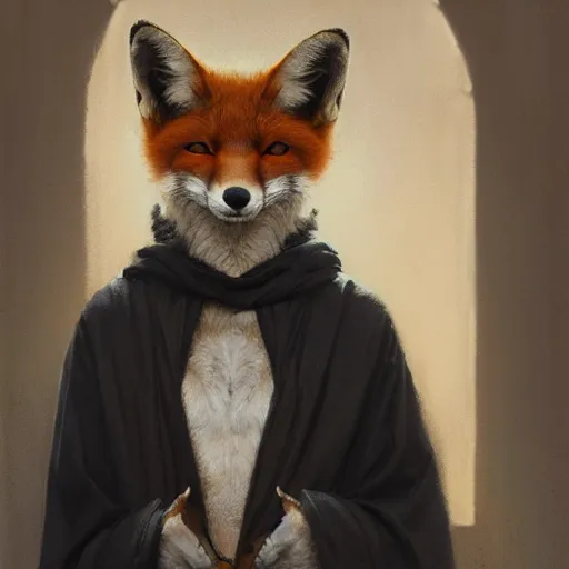 Image similar to A portrait of an anthropomorphic fox in a black robe by Greg Rutkowski, artstation, 8k, Norman Rockwell