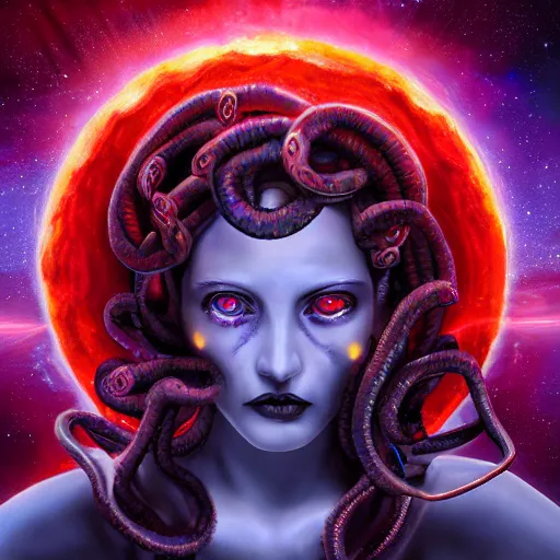 Prompt: Medusa caught by a ring of fire, red eyes, galaxy background, symmetric, dramatic lighting, hyperrealistic, unreal engine, highly detailed,