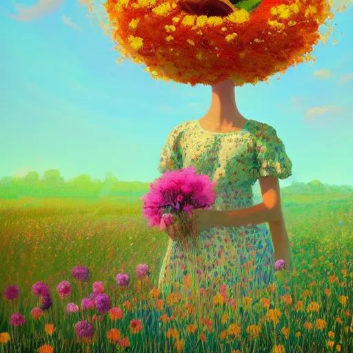 Image similar to girl with giant flower as a face and flower dress, standing in a flower field hills, big trees, sunrise dramatic light, impressionist painting, colorful clouds, digital painting, pointillism, artstation, simon stalenhag