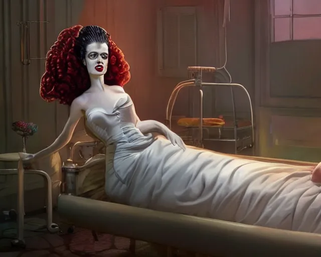 Image similar to phtorealistic modern pin up of the bride of frankenstein posing in a bed in the room of a sanatarium, full body, campy color scheme, realistic, center, smooth, detailed, 8 k, artstation, octane render, ambient lighting, daniela uhlig