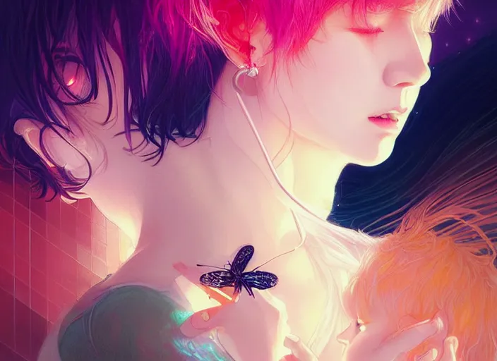 Prompt: harmony of butterfly, mute, neon light language, neon music notes, piano tiles ( black haired yoongi holding a lighter & blonde jimin crying heavy watery tears holding yoongi's shoulder ) by wlop, james jean, victo ngai, beautifully lit, muted colors, highly detailed, fantasy art by craig mullins, thomas kinkade