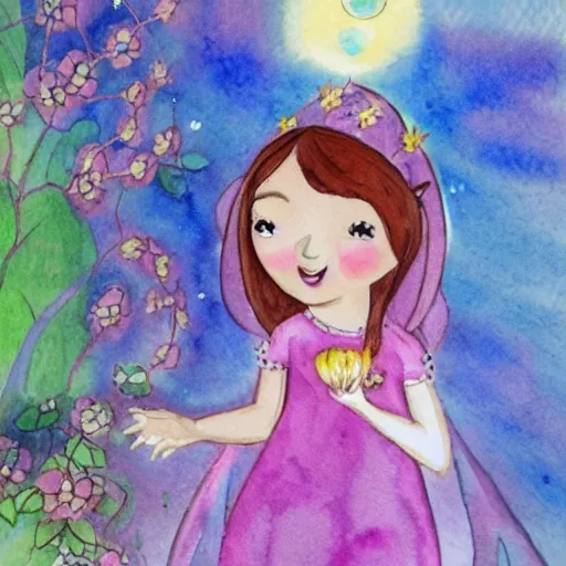 Image similar to a cute young cartoon fairy of middle eastern descent for a children's story book, watercolour, best seller