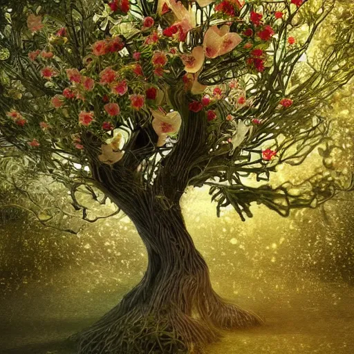 Prompt: paradise tree, surrounded by spirit flowers, beatiful, intricate digital art, photorealistic, artgem, trending artstation