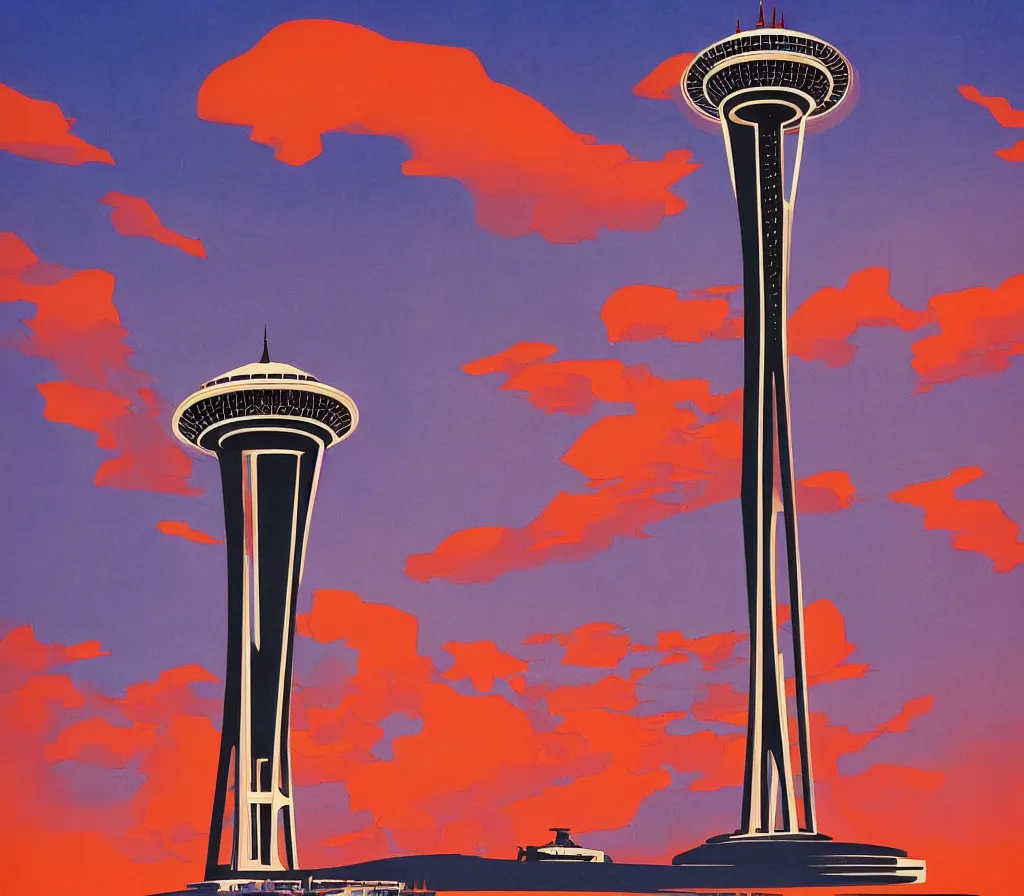 Image similar to angels over the seattle space needle, modernism, gouache, animated film, stylised, illustration, by eyvind earle, scott wills, genndy tartakovski, syd mead