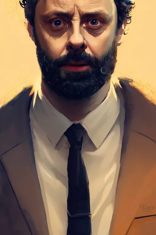 Image similar to Michael Sheen with light beard, curly hair, modern, hero, wearing a suit, highly detailed, digital painting, artstation, concept art, sharp focus, illustration, by greg rutkowski