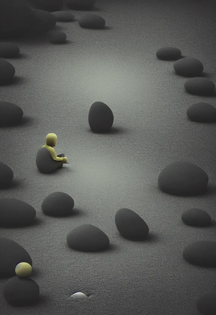 Image similar to portrait of a lone monk raking stones in a beautiful serene zen garden kyoto, japan, a collage painting, in the style of wes anderson, lola dupre, david hockney, isolated on negative white space background dark monochrome fluorescent neon spraypaint accents volumetric octane render