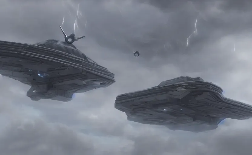 Image similar to a small, symmetrical alien ship flies above a stormy ocean, sci-fi concept art, unreal engine 3d