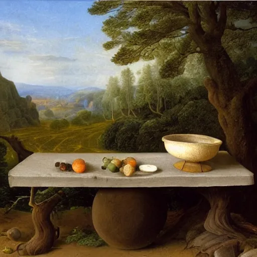 Prompt: still life of a stone bowl containing a miniature landscape, surrealism, photorealistic, river and trees and hills, extremely detailed, by clara peeters and rob gonsalves and caspar david friedrich