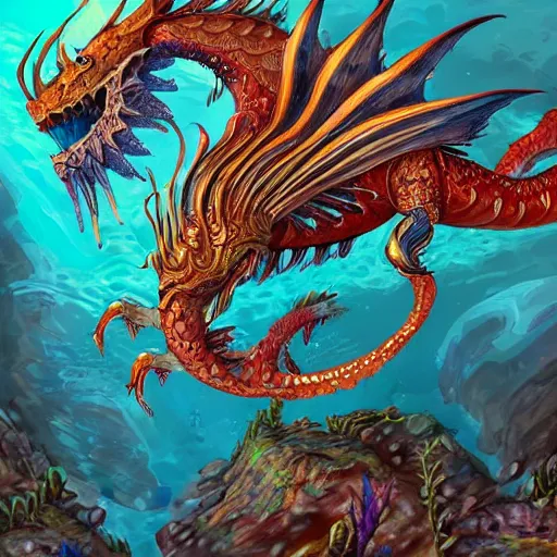 Image similar to underwater sea dragon full body, d & d style, trending on artstation, colorful, intricate, highly detailed art by ilse gort and yugin maffioli