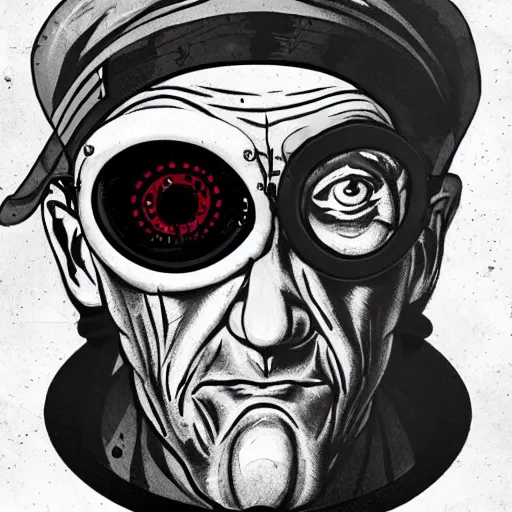 Image similar to old man with cyberarm and eyepatch, face tattoos, punk, grunge, rough, paint, scratchy, science fiction, cyberpunk, retrofuture, illustration