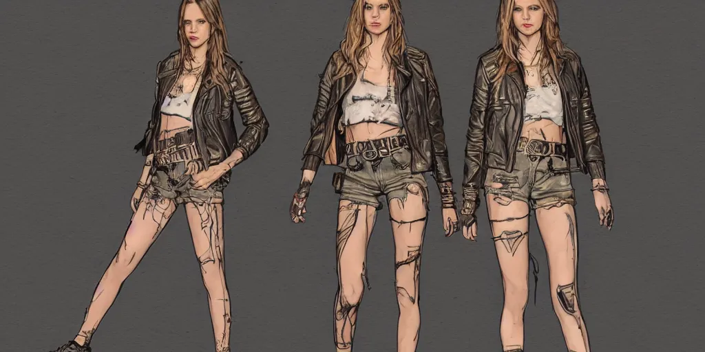 Image similar to portrait of halston sage as a tattooed wanderer, wearing scratched and ripped leather shorts, wearing an aviator jacket, character sheet, fine details, concept design, contrast, kim jung gi, greg rutkowski, trending on artstation, 8 k, full body, turnaround, front view, back view, ultra wide angle