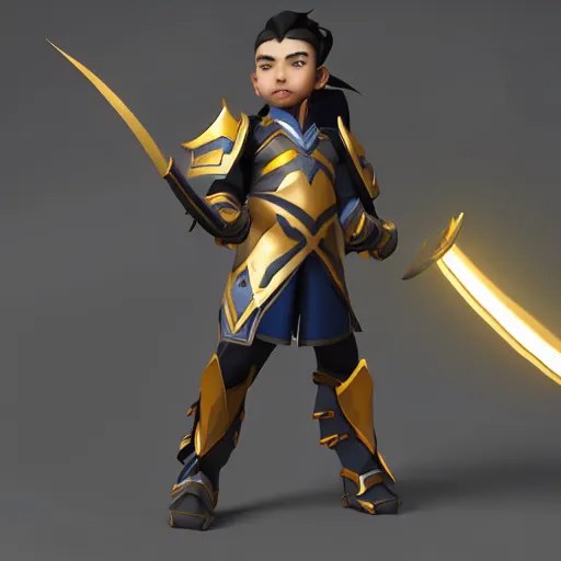 Prompt: a young boy with the appearance and armor of hanzo from overwatch, design, octane render, 4 k, ingame shot